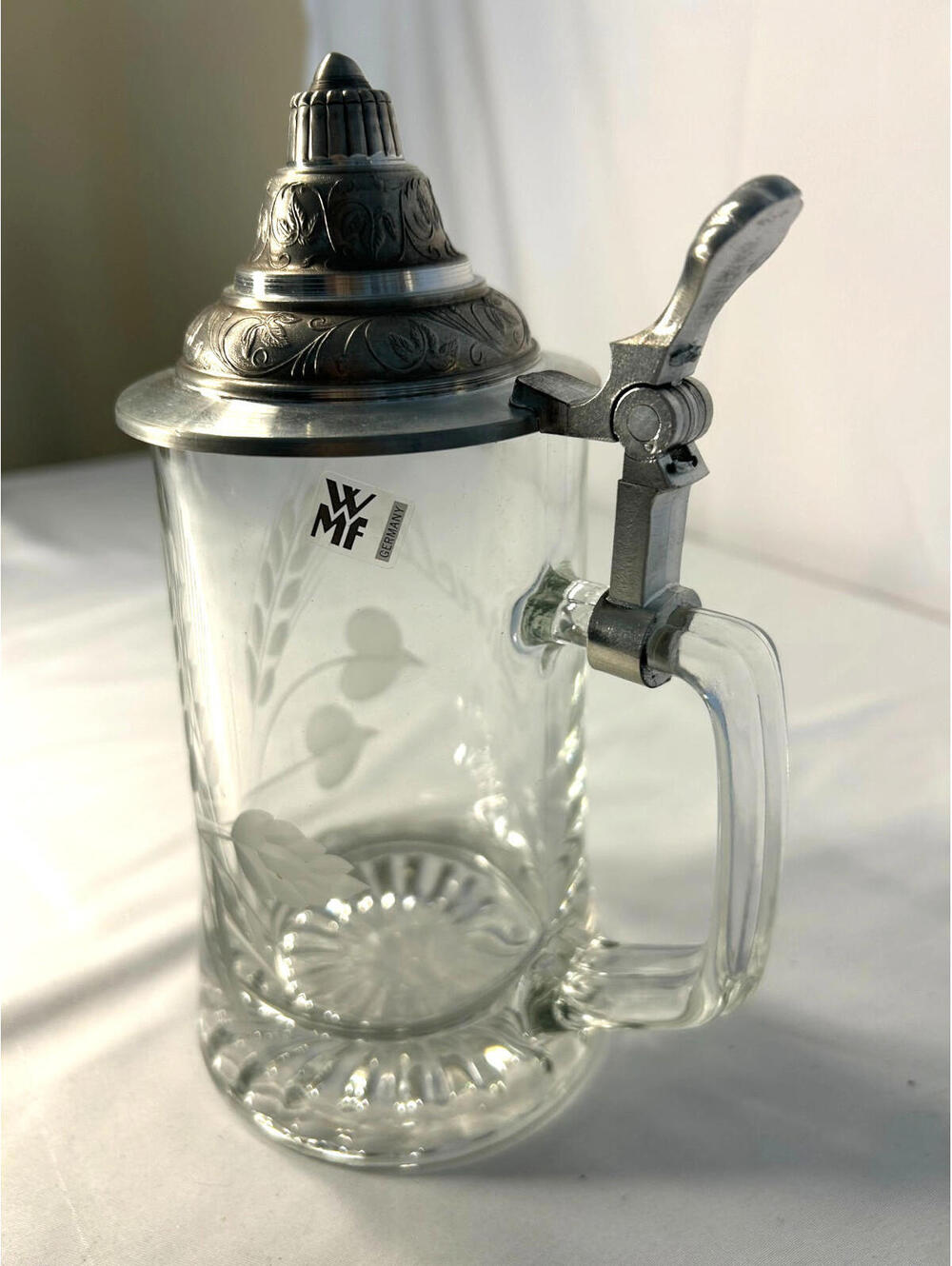 Vintage Etched Glass Wheat Pattern Lidded Beer Stein Mug - Germany